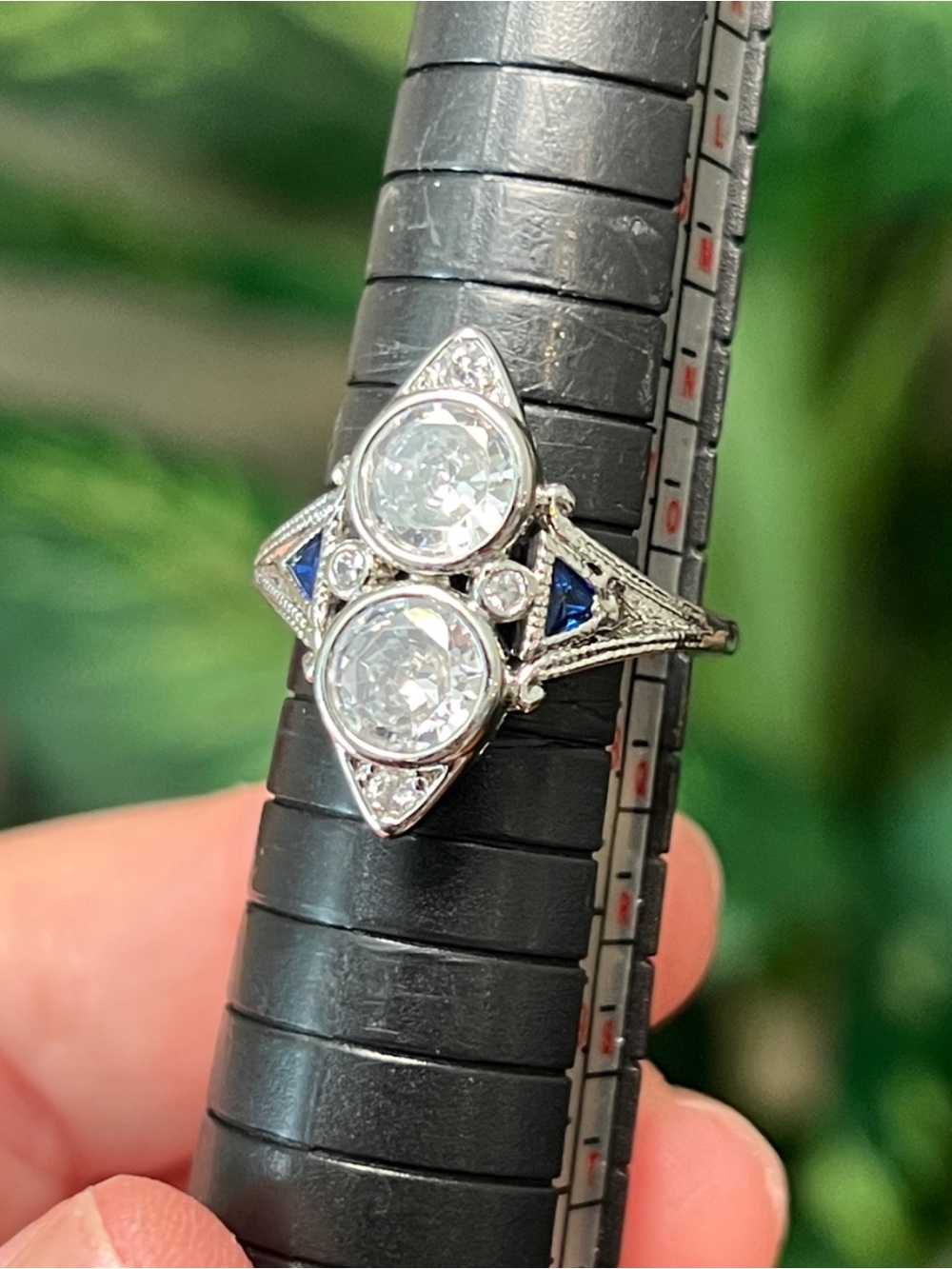 Art Deco Style Faux Diamond Blue Sapphire Glass Navette Silver Plated Ring